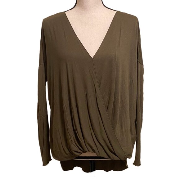 Double Zoo Women's High Low Long Sleeve Wrap Front Olive Blouse Size Small - Picture 1 of 7